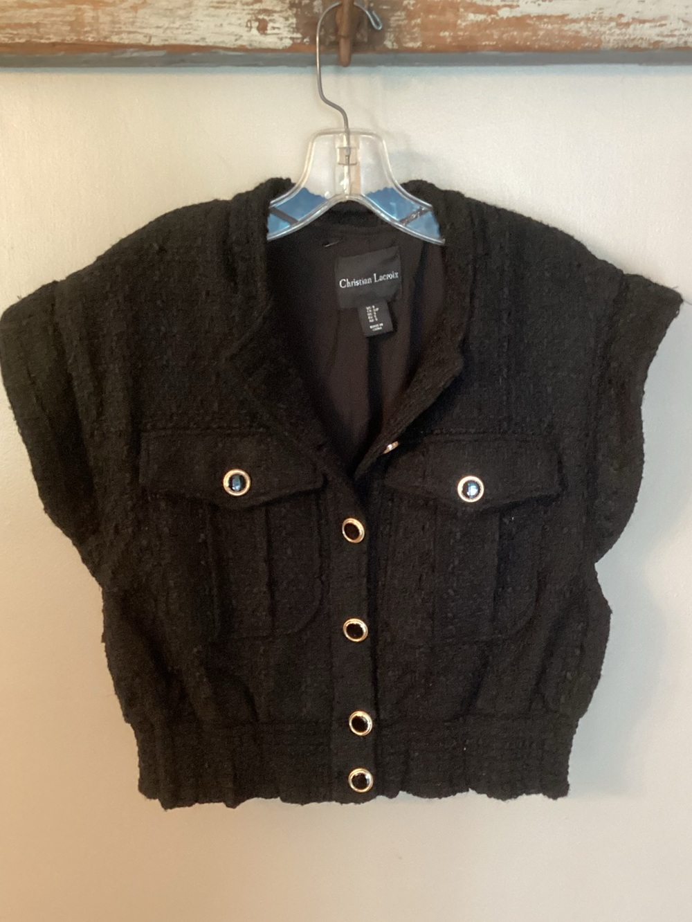 CHRISTIAN LACROIX SZ SMALL BLACK BOUCLE TWEED CROPPED VEST